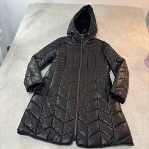 Kenneth Cole New York Puffer Parka Womens Medium Black Hooded Quilted Coat
